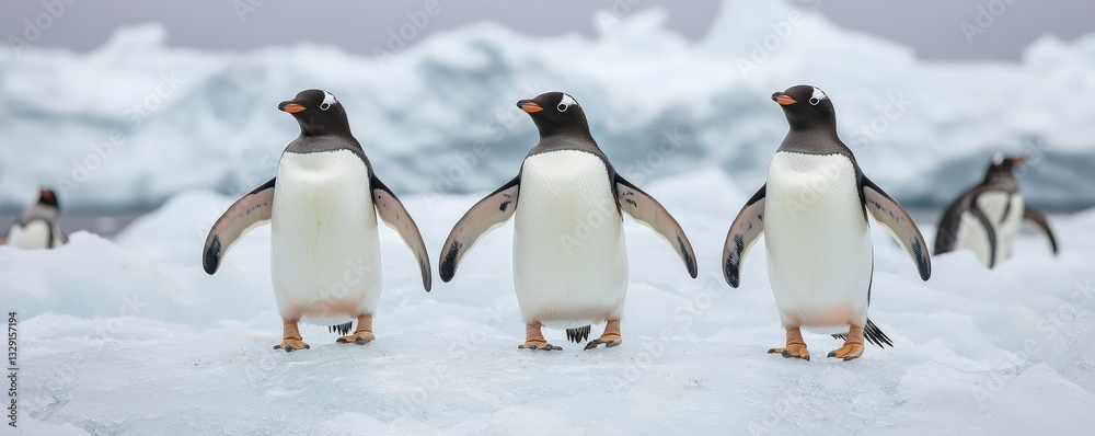 Fototapeta premium Ecological impact wildlife recovery concept. Three penguins standing on ice in a snowy landscape.