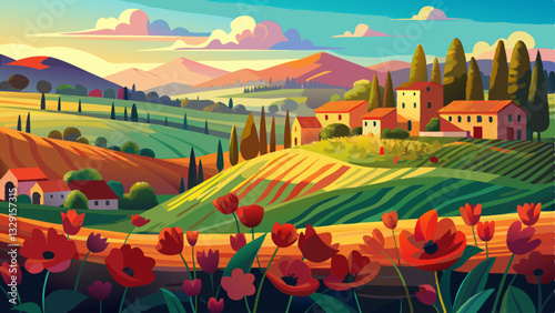 village in tuscany; Italy countryside landscape with red poppy flowers and Tuscany rolling hills ; sunset over the farm land