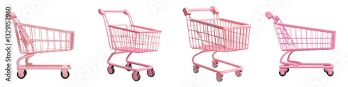 A row of four pink metal shopping carts or trolleys on wheels ready for customers at a supermarket or retail store