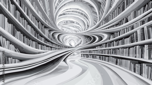 The image depicts a digitally rendered grayscale abstract representation of a library interior.  The bookshelves form a spiraling tunnel, creating a sense of depth and perspective. The lines and