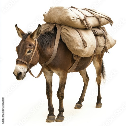 Burdened Brown Donkey Standing Under Heavy Load of Sacks in Outdoor Setting with White Background