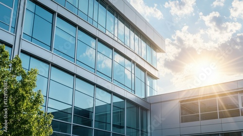 A smart window tinting system, office building with windows adjusting tint based on sunlight, Home-tech style photo