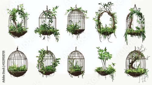 A digital illustration showcasing twelve variations of birdcages, each uniquely overgrown with various types of greenery, including vines, moss, ferns, and small trees. The birdcages are primarily