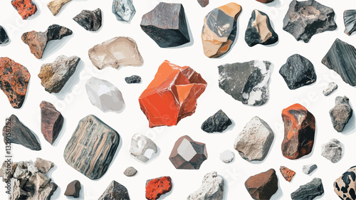 High-angle, close-up shot of numerous irregularly shaped stones and minerals scattered across a pure white background.  The stones and minerals vary in size, shape, color, and texture.  Colors