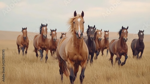 Ecological impact wildlife recovery concept. Horses running in a field, creating a dynamic and lively scene.