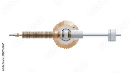 The image shows a close-up view of a small, intricate mechanical assembly. The assembly consists primarily of cylindrical metal parts, predominantly in brass tones with a section of white
