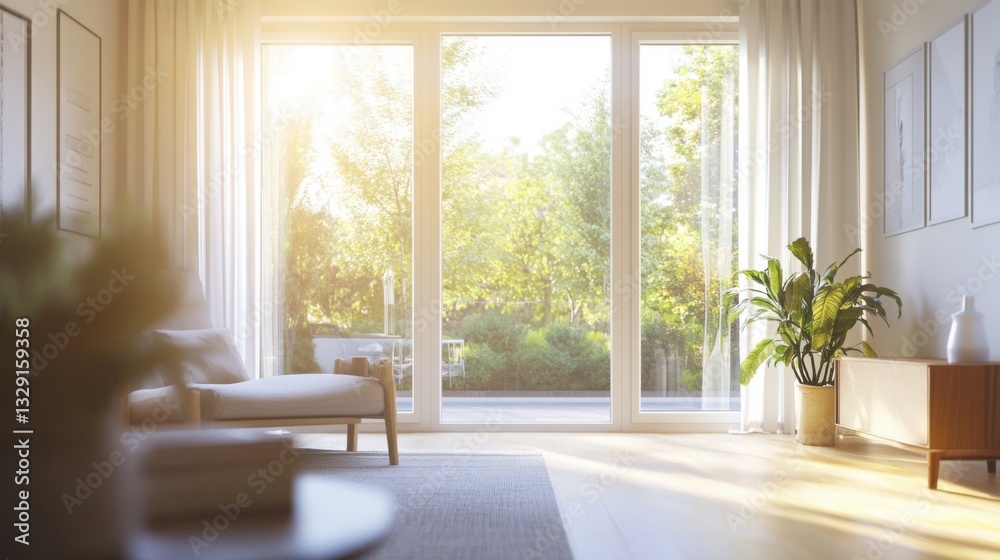 A smart window with light adjustment technology, living room with window adjusting brightness, Home-tech style A smart window with light adjustment technology, living room with window adjusting brightness, Home-tech style