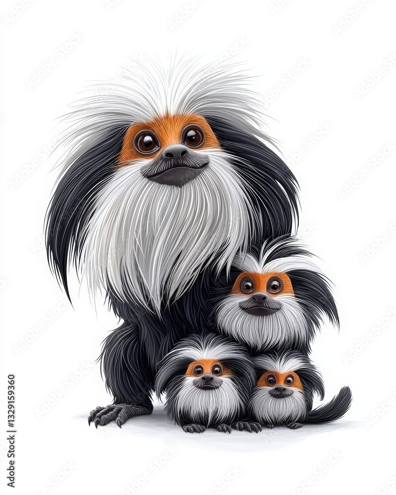 Fototapeta premium A whimsical illustration of a family of playful monkeys showcasing their unique fur and expressive faces.
