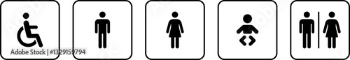 Toilet icon. WC sign. Printable sticker of toilet symbol sign with woman wc man handicapped baby icons. Restroom bathroom and change room sign. WC door plate symbol illustration.
