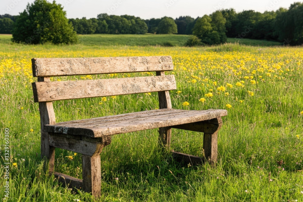 Wooden park bench in a field of wildflowers. Wooden park bench in a field of wildflowers.