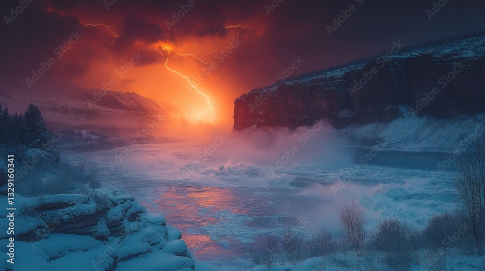Fototapeta premium a captivating landscape features lightning striking amidst dramatic clouds and snowy terrain 