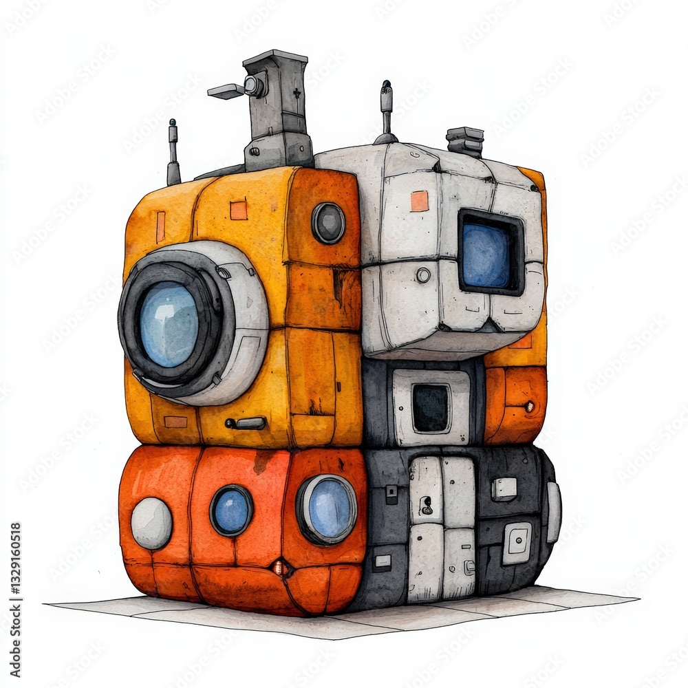 Fototapeta premium A whimsical robot illustration featuring bright colors and geometric shapes, perfect for tech and innovation themes.