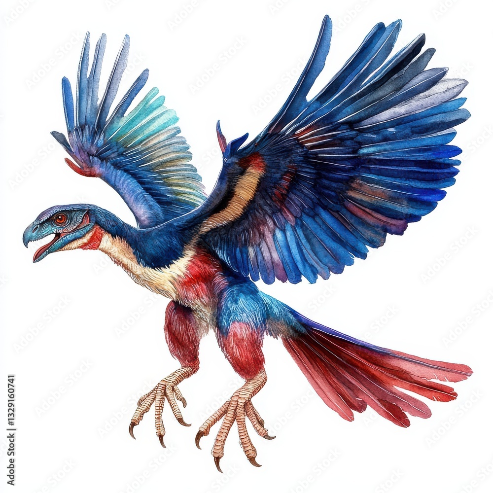 Obraz premium Colorful Feathered Dinosaur Bird with Wings Spread Prehistoric Illustration Art