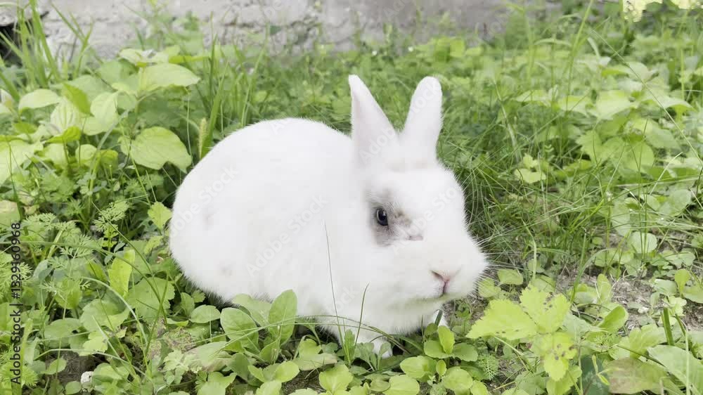 Funny white fluffy rabbit sitting on the grass in the garden, cute domestic pet with grey spots around the eyes, adorable young bunny relaxing outdoor