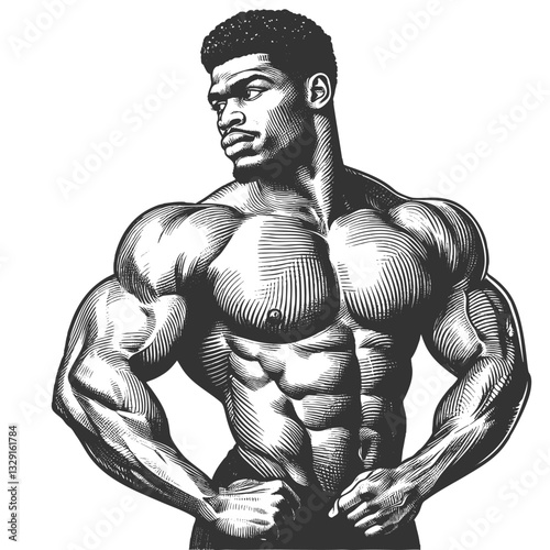 muscular bodybuilder striking a powerful pose, symbolizing strength, fitness, bodybuilding, and athleticism sketch engraving generative ai vector illustration. Scratch board. Black and white image.