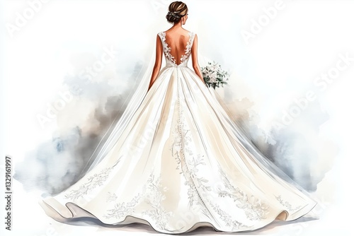 Elegant bridal gown with a flowing train and intricate lace..
