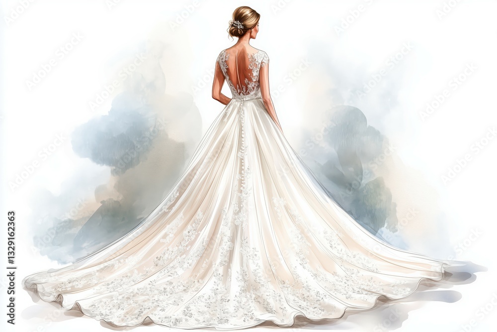 Naklejka premium Elegant bridal gown with a flowing train and intricate lace..