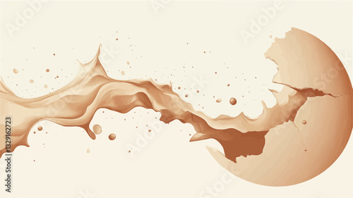 An image depicting a stylized, abstract splash of a light brown liquid against a white background. The liquid appears dynamic and fluid, with swirling movements and splatters.  The color palette is