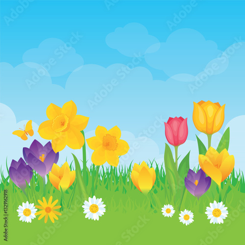 Fresh spring meadow with flowers on a sunny day frame vector illustration. Bright spring landscape with flowers, grass and clouds border vector illustration. Beautiful spring meadow with copy space