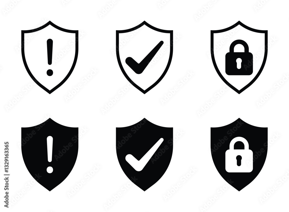 Set of Shield. Shield with exclamation mark, lock sign and with check symbol. Risk alert caution, Security icon set, security shield set
Set of Shield. Shield with exclamation mark, lock sign and with check symbol. Risk alert caution, Security icon set, security shield set