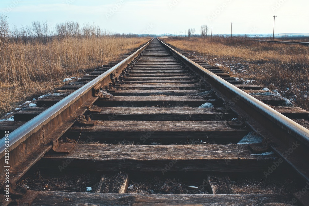 Empty railway tracks stretching into the distance. A long perspective view of a railway line through a rural landscape Empty railway tracks stretching into the distance. A long perspective view of a railway line through a rural landscape
