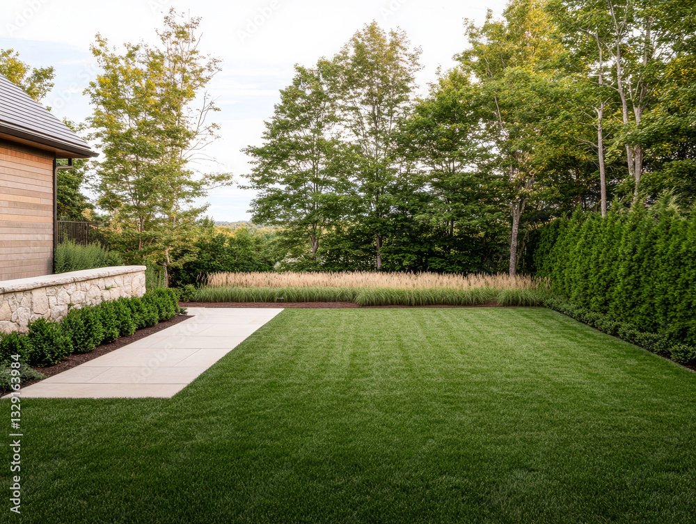 Serene backyard landscape design with lush greenery and manicured lawn Serene backyard landscape design with lush greenery and manicured lawn