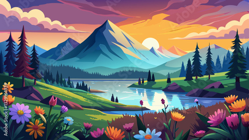 Panorama of a mountain landscape during sunset with a lake and flowers in the foreground