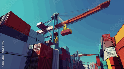 Low-angle, close-up view of a large cargo crane operating within a container terminal.  The crane is depicted lifting a shipping container against a bright blue sky. Numerous stacked shipping