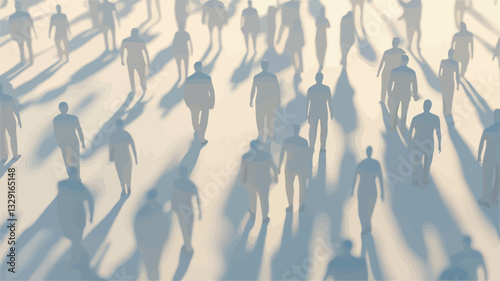 High-angle, close-up view of a large crowd of indistinct human figures. The figures are rendered as pale, semi-transparent silhouettes with subtle shading to suggest depth and movement. They are