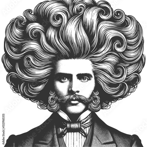 gentleman with an incredibly large, curly hairstyle, blending humor, surrealism, and vintage artistic style sketch engraving generative ai raster illustration. Scratch board. Black and white image.