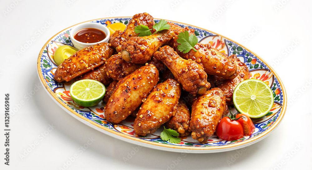 Fototapeta premium Glazed Chicken Wings, Asian Style, in Bright Colors, for Appetizer or Main Course
