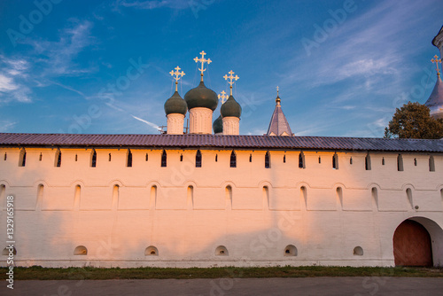 Russia. Pereslavl-Zalessky. Nikitsky Monastery and the bell tower of the Church of the Nativity of the Blessed Virgin Mary in the village of Gorodishche. September, early morning. photo