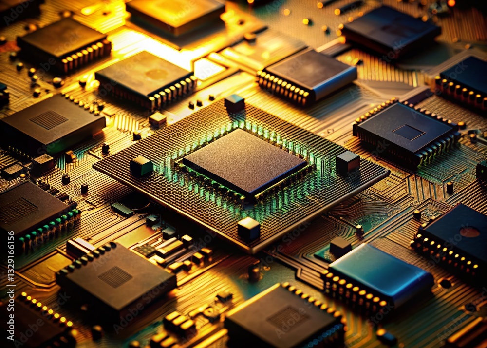 Close-up of Scattered Integrated Circuits on Beige Background - Night Photography Close-up of Scattered Integrated Circuits on Beige Background - Night Photography
