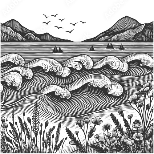 ocean waves with a setting sun and starry sky in the background sketch engraving generative ai vector illustration. Scratch board imitation. Black and white image.