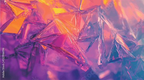 Close-up macro photograph of an abstract formation resembling crystals or gemstones.  The image features a multitude of translucent, polygonal shapes in varying shades of purple, pink, orange, and