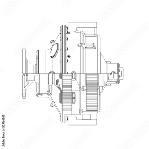 A drawing of a car engine with a lot of detail. The engine is a part of a larger machine