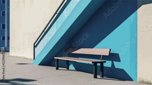 The image shows a light brown modern bench with black legs situated against a bright blue wall. A concrete off-white wall and a blue stairway are visible in the background. The scene is brightly