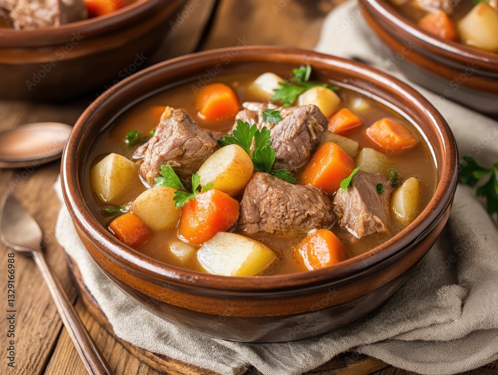 Rustic beef stew in a ceramic bowl Rustic beef stew in a ceramic bowl