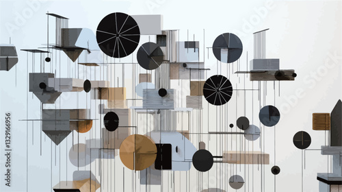 The image shows a close-up view of an abstract geometric mobile.  The mobile is composed of numerous geometric shapes, including circles, squares, triangles, and other irregular forms, in varying