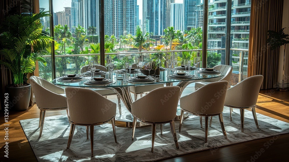 Fototapeta premium Modern dining room with city view, elegant setting, beautiful decor