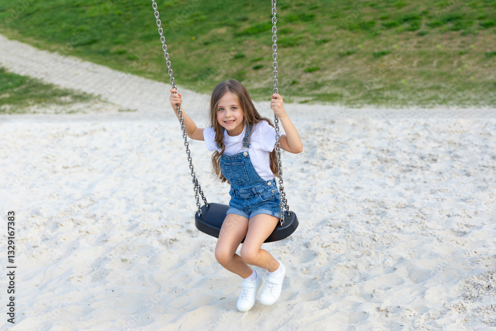 Happy joyful little girl in white summer dress rides on a swing on a sandy beach with green lawn background or on playground in children park, on a sunny day. Vacation concept. Children's Day Happy joyful little girl in white summer dress rides on a swing on a sandy beach with green lawn background or on playground in children park, on a sunny day. Vacation concept. Children's Day