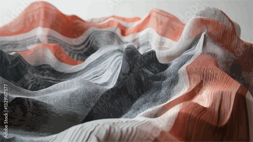 Close-up view of a sculpted arrangement of fabric exhibiting a range of colors including shades of orange, black, white, and grey. The fabric is heavily draped, creating a series of flowing,