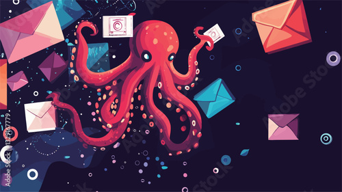 A digital illustration depicting a stylized cartoon octopus holding an envelope amidst a flurry of colorful envelopes. The octopus is rendered in shades of red and pink, with a playful expression.