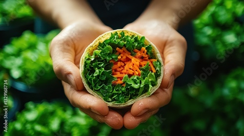 Wallpaper Mural Hands holding a healthy wrap with vegetables, garden background,  ready to eat Torontodigital.ca