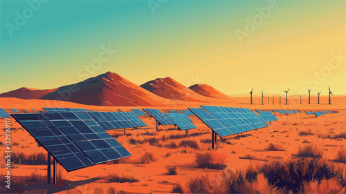 The image depicts a wide shot of a solar farm situated in a desert landscape.  Numerous solar panels are arranged in rows across the foreground, angled towards the setting sun.  In the background,