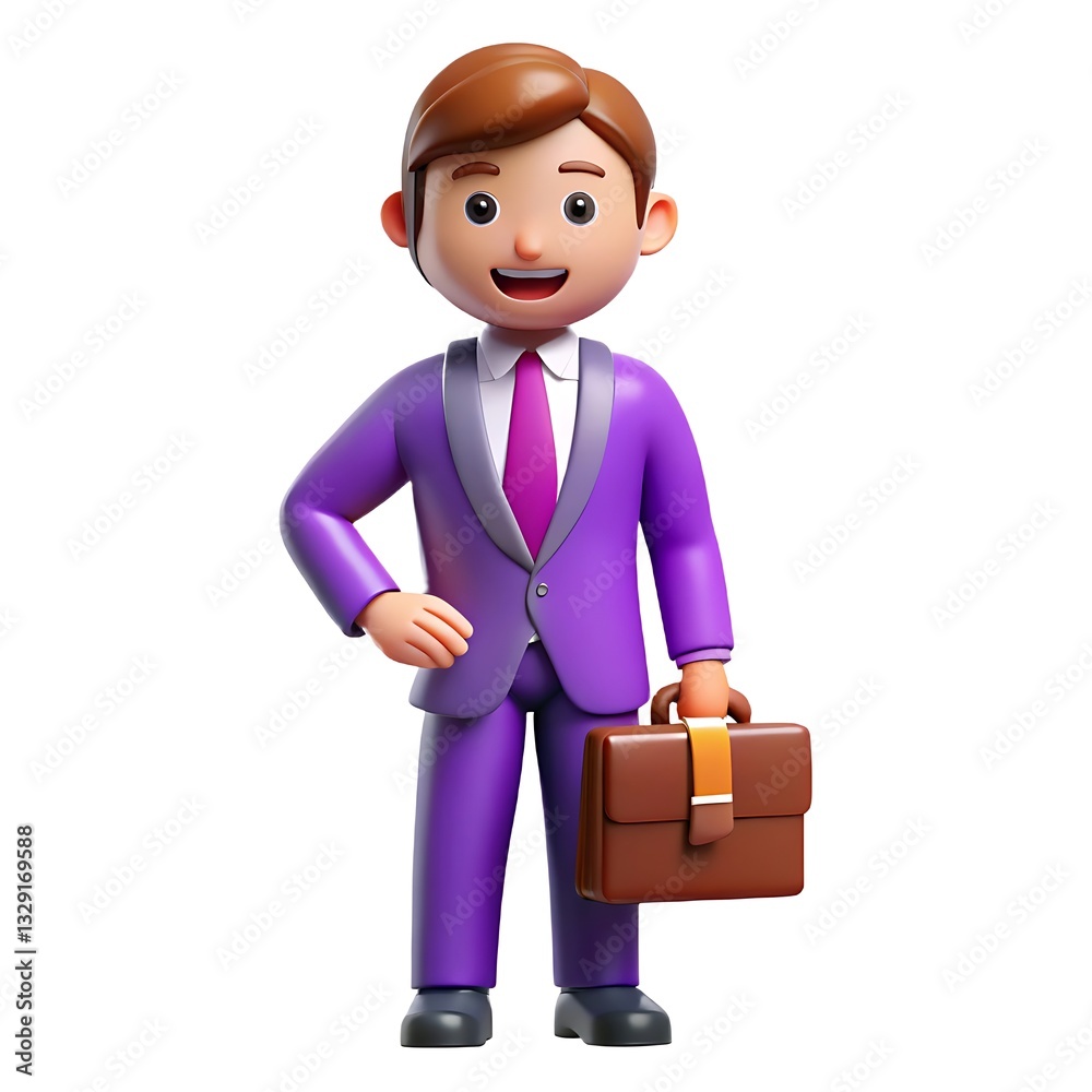 A Cheerful Cartoon Businessman Confidently Holding A Briefcase, Ready For A Successful Day, In A Vibrant Purple Suit Against A Clean White Background A Cheerful Cartoon Businessman Confidently Holding A Briefcase, Ready For A Successful Day, In A Vibrant Purple Suit Against A Clean White Background