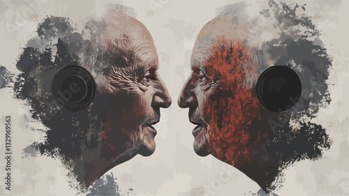 The artwork presents a diptych portrait of two elderly individuals facing each other.  The left profile is rendered in muted grays and blacks, showing texture and lines suggestive of age. The right
