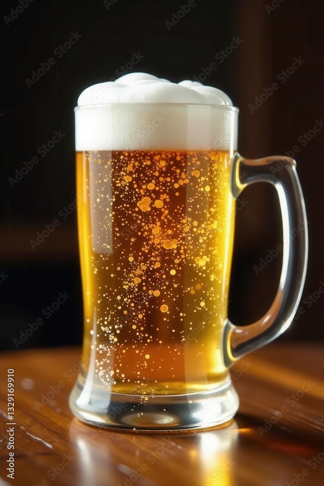 Frosty cold beer, thick foam head in mug, wood table, liquid, close-up Frosty cold beer, thick foam head in mug, wood table, liquid, close-up