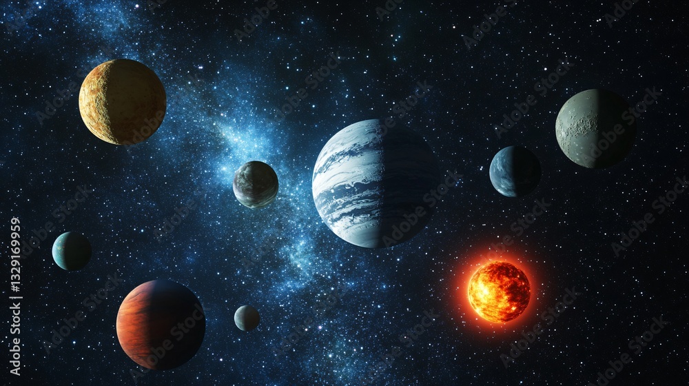 Naklejka premium Majestic Planets Floating Among Blue Rays of Star Cluster