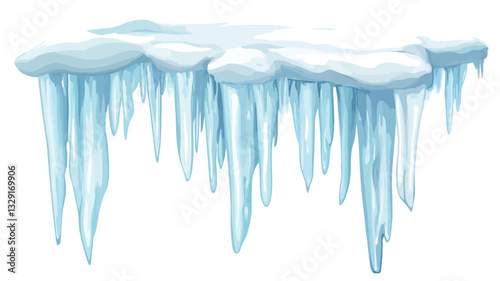 A digital illustration depicting a shelf or ledge covered in snow and numerous icicles.  The icicles vary in length and thickness, hanging downwards. The color palette is primarily light blue and